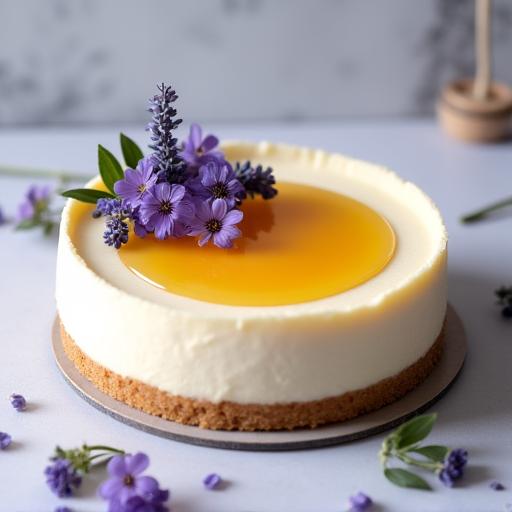 Cheesecake decorata con fiori di lavanda e colatura di miele