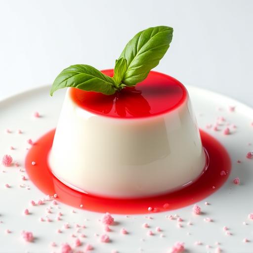 Panna cotta bianca con coulis di fragole e una foglia di basilico